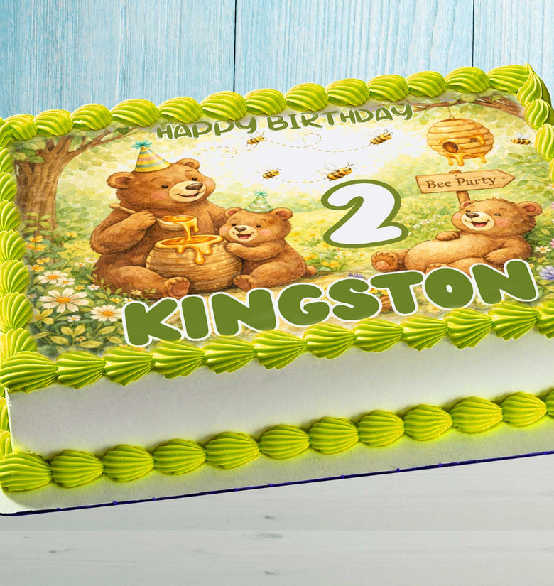 Bear Birthday Cake Topper – Personalized Bee Party edible image with name and age on rectangular cake