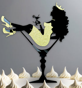 Black Acrylic Cake Topper with Gold Glitter Accents | Martini Girl Silhouette | Elegant Birthday Cake Decoration | Glamorous Woman with Crown & Drink