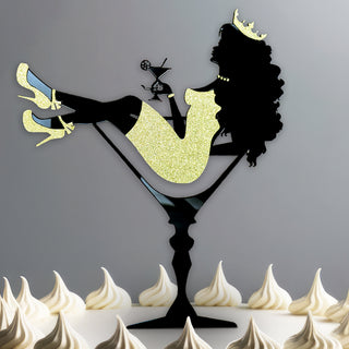 Black Acrylic Cake Topper with Gold Glitter Accents | Martini Girl Silhouette | Elegant Birthday Cake Decoration | Glamorous Woman with Crown & Drink