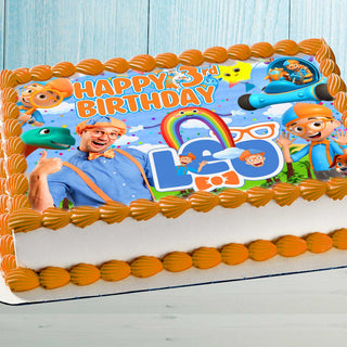 Blippi Birthday Themed Edible Cake Topper – Rectangular Design – Wafer Paper, Sugar Sheet, Chocotransfer