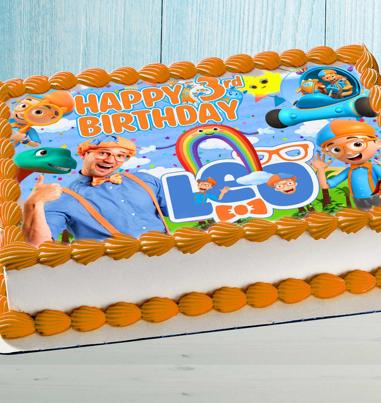 Blippi Birthday Themed Edible Cake Topper – Rectangular Design – Wafer Paper, Sugar Sheet, Chocotransfer