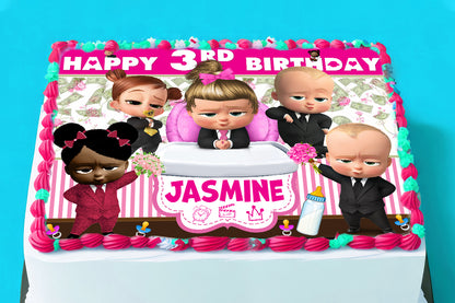 Boss Baby Girl Birthday Themed Edible Cake Topper - Rectangular Design - Wafer Paper, Sugar Sheet, Chocotransfer