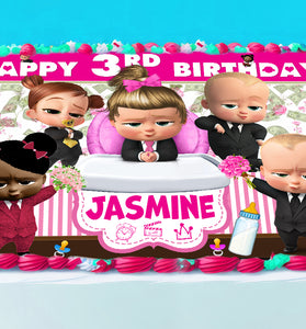 Boss Baby Girl Birthday Themed Edible Cake Topper - Rectangular Design - Wafer Paper, Sugar Sheet, Chocotransfer