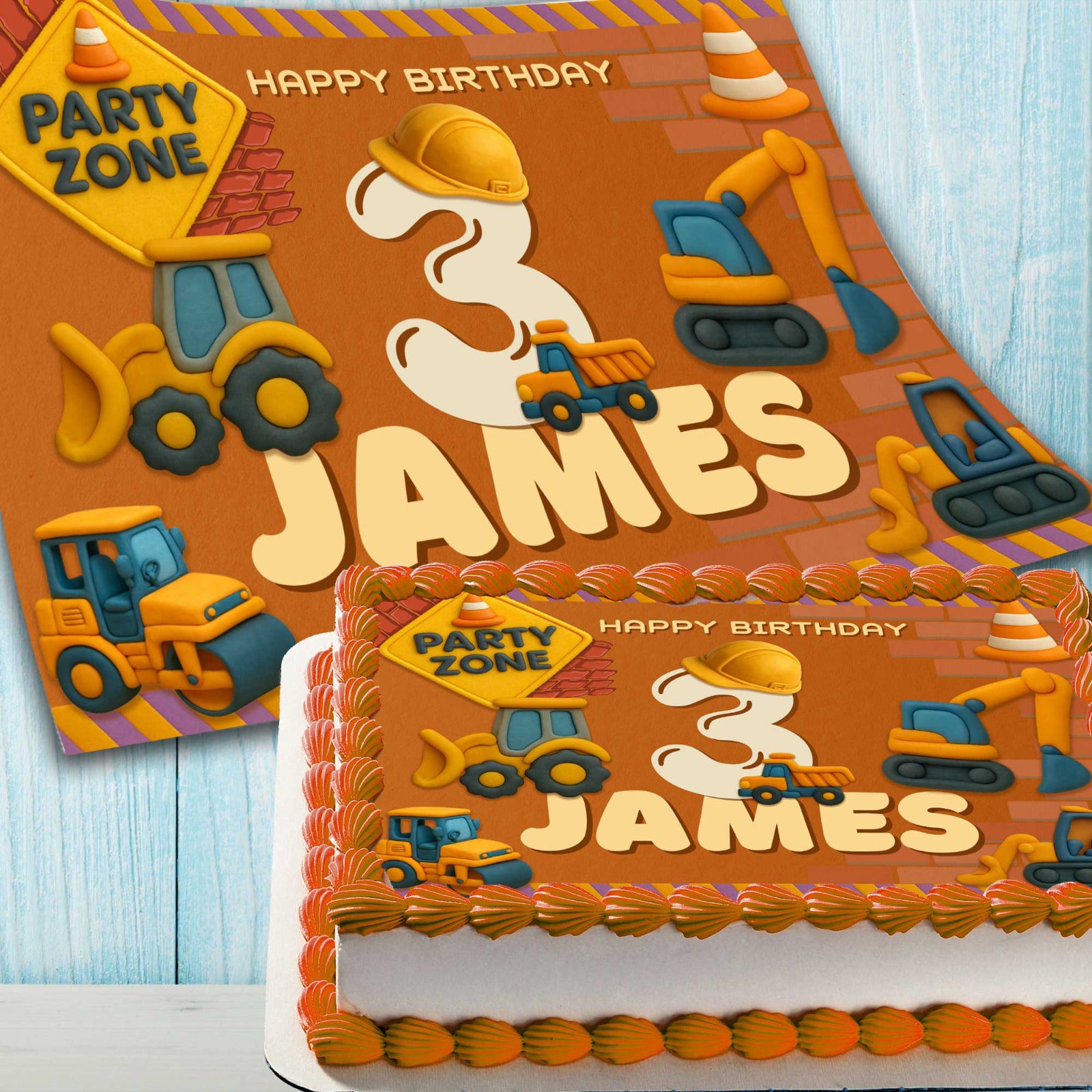 Construction cake topper edible image with trucks and diggers for boys birthday cake