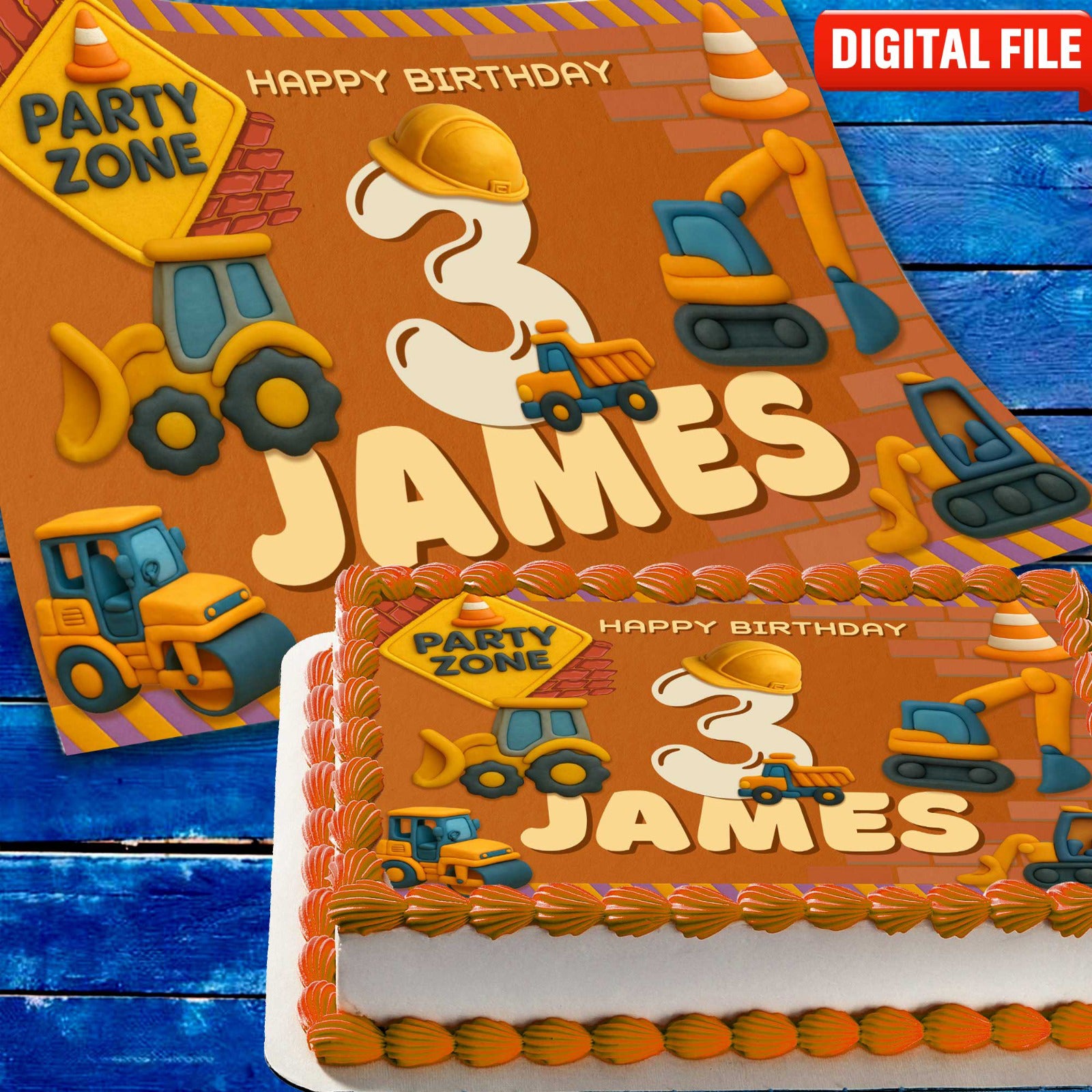 Personalized construction cake topper with name and age, edible wafer paper
