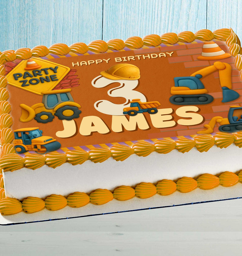Construction birthday cake topper with name and age, edible image for kids party