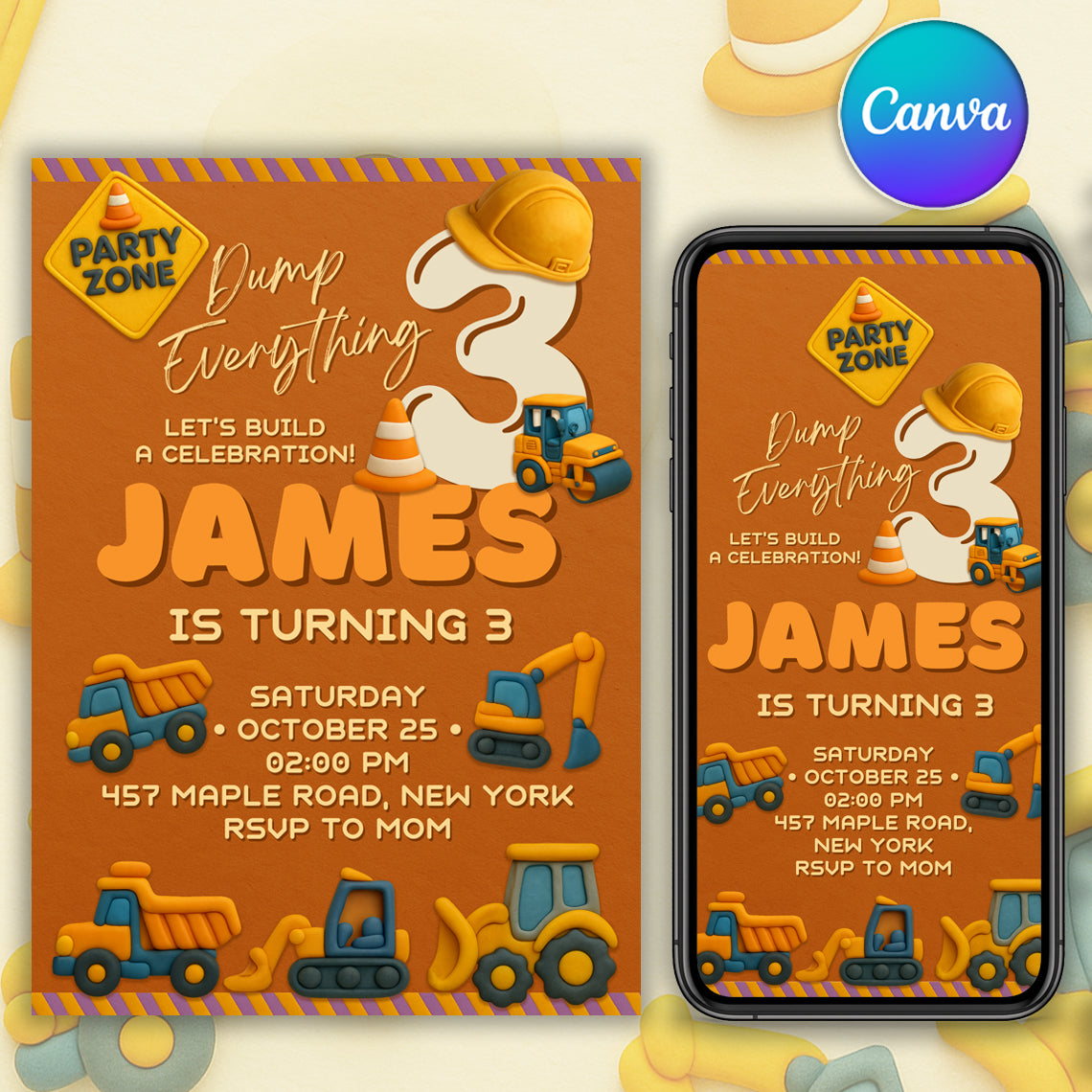 Construction birthday invitation template in clay style with trucks, excavator and hard hat — printable 5x7 design and mobile version.