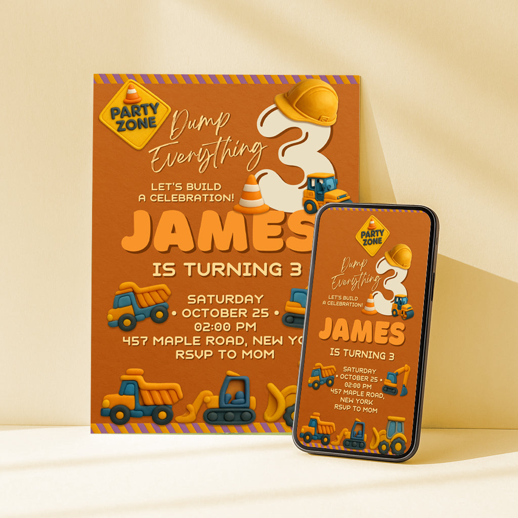 Editable Canva construction birthday invitation featuring clay trucks, digger and hard hat — printable and digital versions.