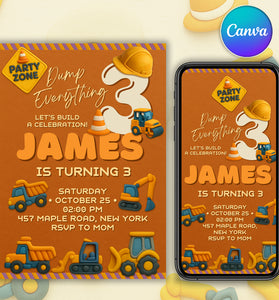 Construction birthday invitation template in clay style with trucks, excavator and hard hat — printable 5x7 design and mobile version.