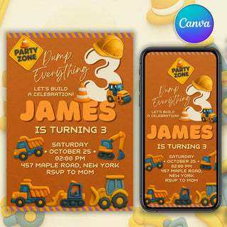Construction birthday invitation template in clay style with trucks, excavator and hard hat — printable 5x7 design and mobile version.
