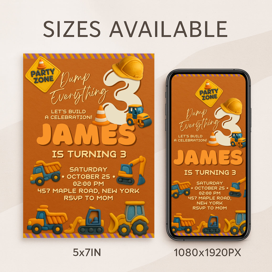 Construction birthday invitation sizes preview — 5x7 inch printable card and 1080x1920px digital version.