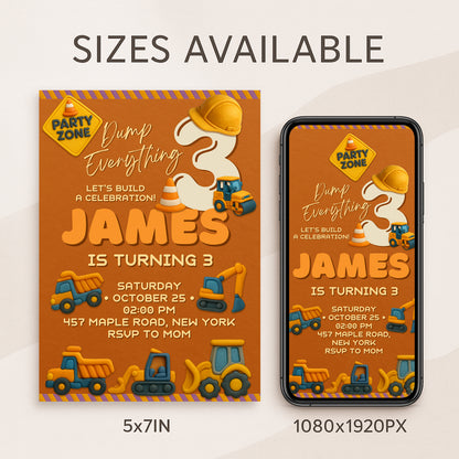 Construction birthday invitation sizes preview — 5x7 inch printable card and 1080x1920px digital version.