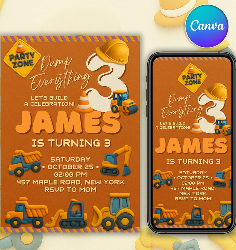 Construction birthday invitation template in clay style with trucks, excavator and hard hat — printable 5x7 design and mobile version.