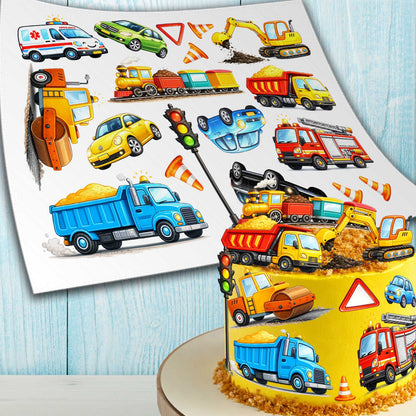 Set of 18 construction vehicles edible cake toppers shown on cake and printable sheet, trucks, excavator and traffic signs