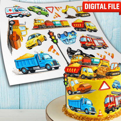 Construction vehicles edible cake toppers digital file preview with trucks, excavator, road roller and traffic elements