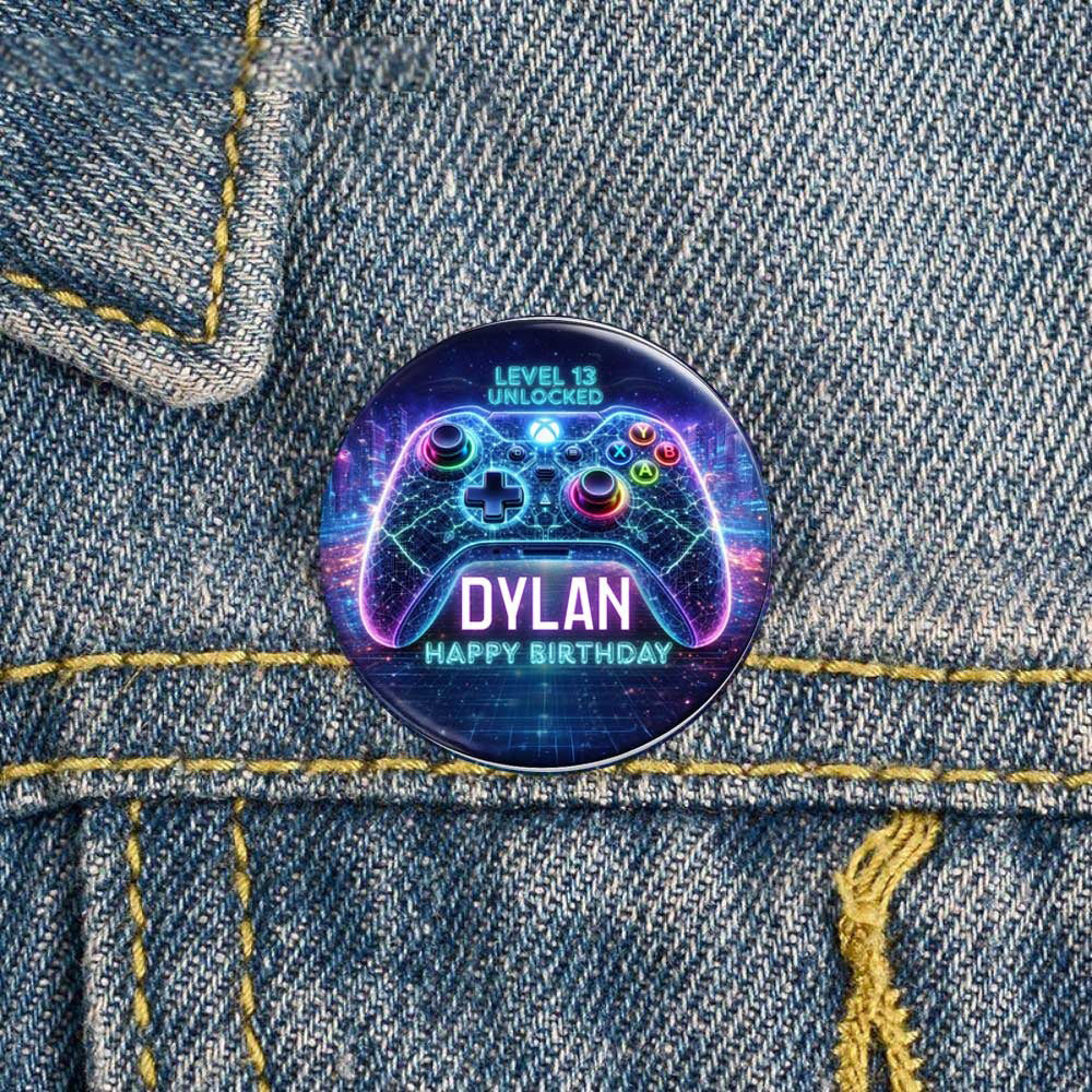 Custom Gaming Birthday Button Pin – Level Unlocked Party Favor