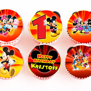 Customized Edible Cupcake Toppers featuring Mickey Mouse and Friends - 24 Pre-Cut Pieces on Wafer Paper, Sugar Sheet, or Uncut Chocotransfer