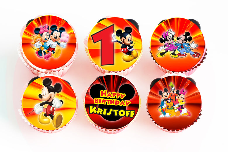 Customized Edible Cupcake Toppers featuring Mickey Mouse and Friends - 24 Pre-Cut Pieces on Wafer Paper, Sugar Sheet, or Uncut Chocotransfer