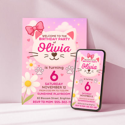 Editable pink kitty birthday party invitation shown in print and mobile sizes — Canva digital template.