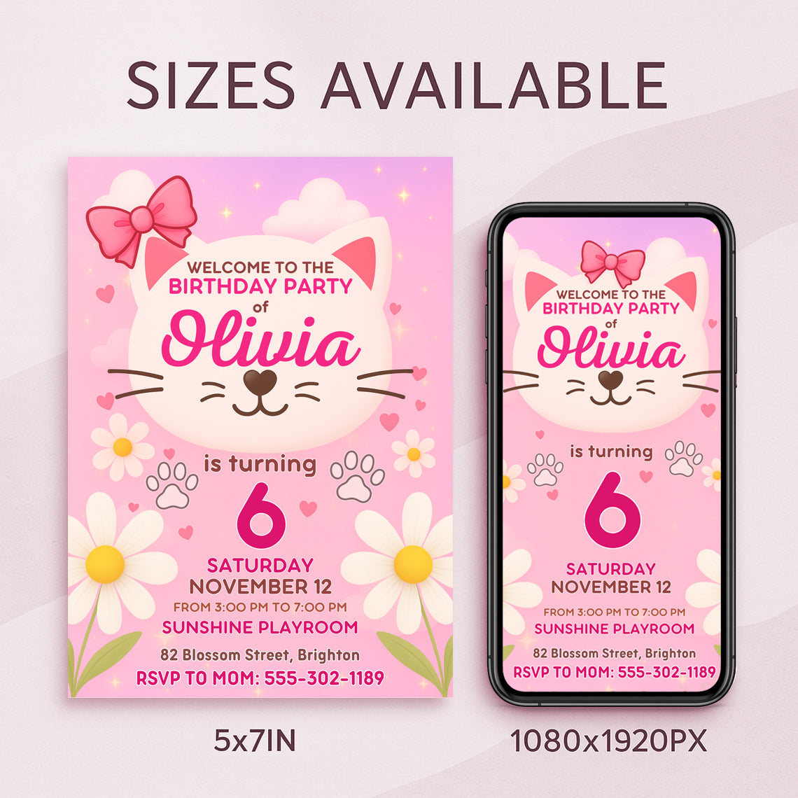 Cute kitty birthday invitation sizes — 5×7 inch print and 1080×1920px phone version, editable Canva template.