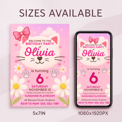 Cute kitty birthday invitation sizes — 5×7 inch print and 1080×1920px phone version, editable Canva template.