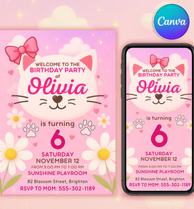 Cute kitty birthday invitation in pink — 5×7 inch printable and matching phone format, editable Canva template for girls.