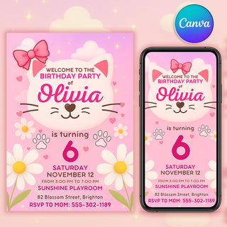 Cute kitty birthday invitation in pink — 5×7 inch printable and matching phone format, editable Canva template for girls.