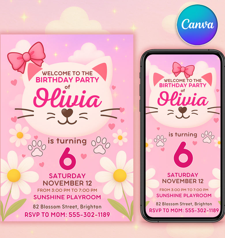 Cute kitty birthday invitation in pink — 5×7 inch printable and matching phone format, editable Canva template for girls.