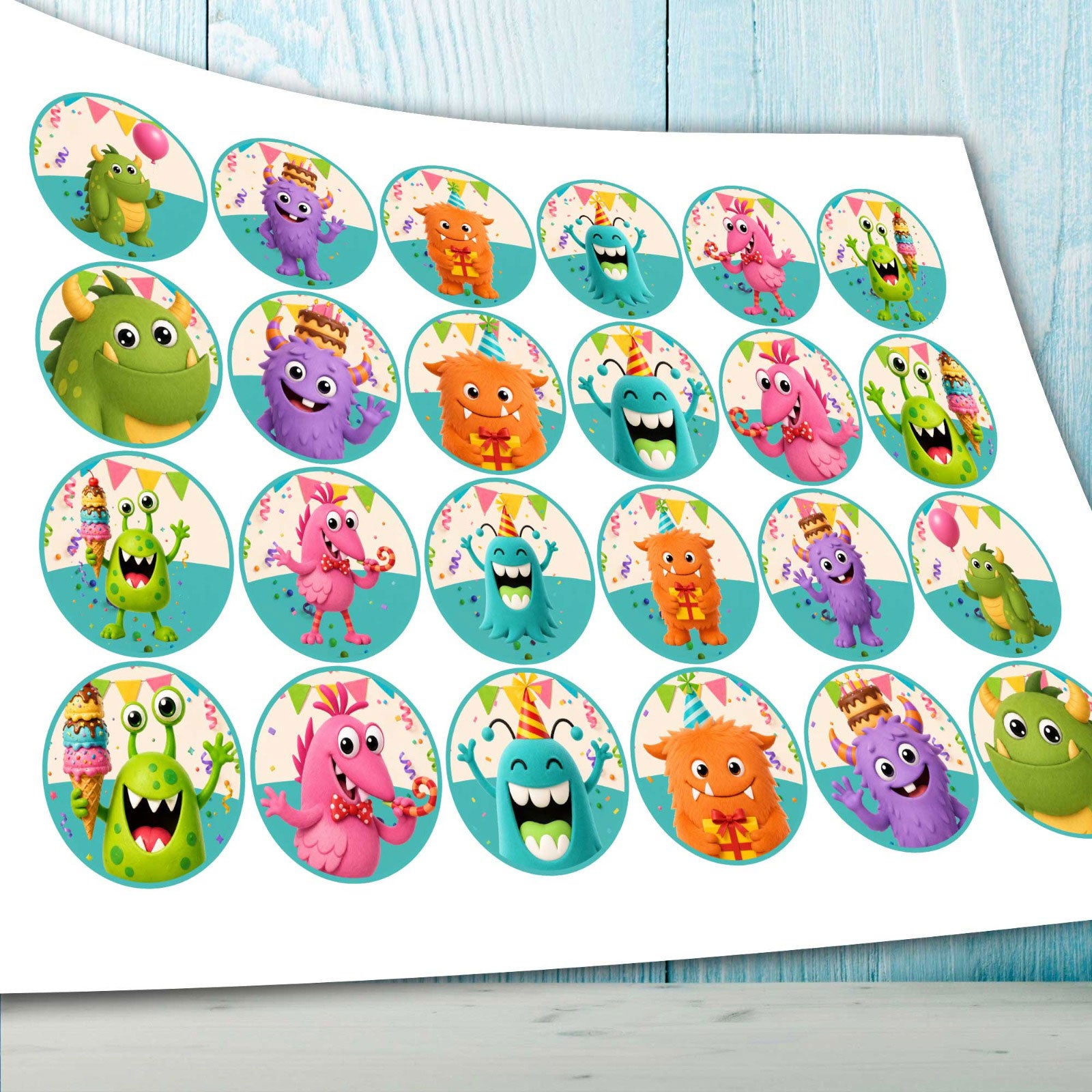 Monster birthday edible cupcake topper print sheet showing 24 precut circle image layout