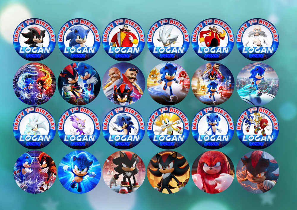 Cute Personalized Sonic Birthday Button Pin Badge | Custom Magnet or Pin | 25mm, 44mm, 58mm, 75mm | Standard or Glitter Lamination