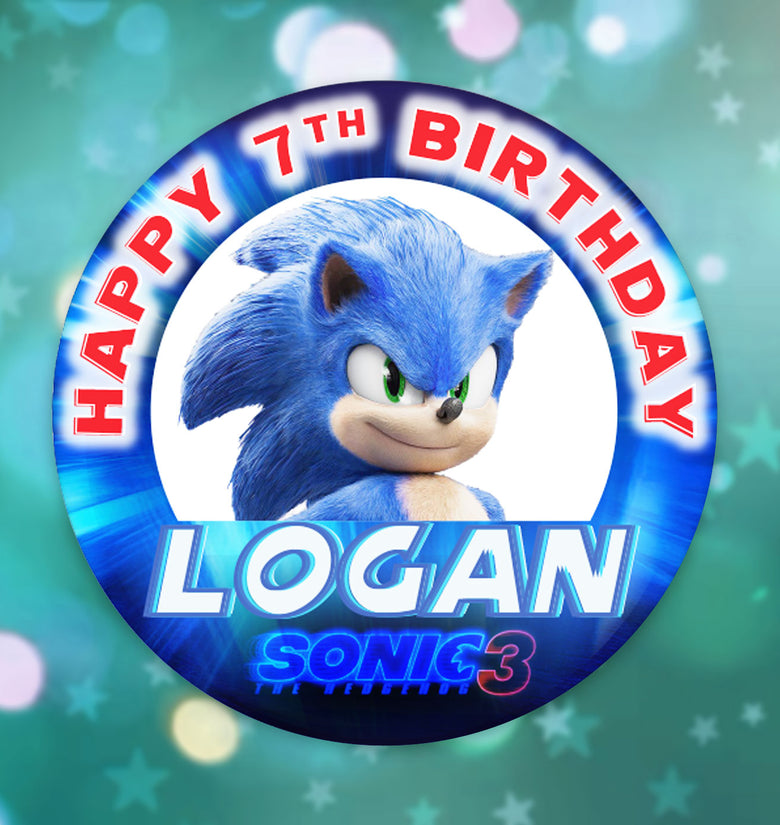 Cute Personalized Sonic Birthday Button Pin Badge | Custom Magnet or Pin | 25mm, 44mm, 58mm, 75mm | Standard or Glitter Lamination
