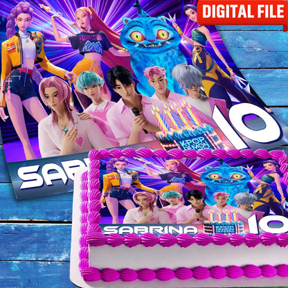Printable digital file for K-Pop anime-style birthday cake topper with bright cartoon characters