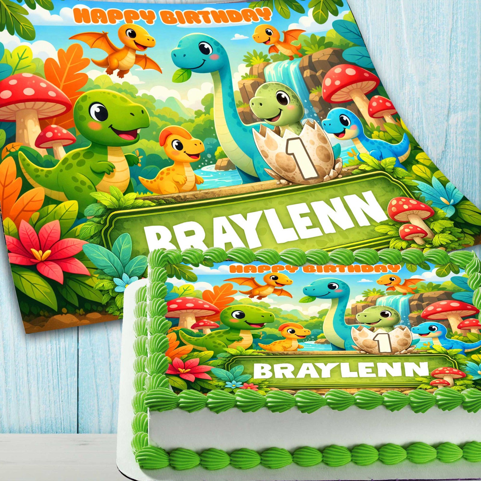 Personalized dinosaur cake topper for kids birthday, happy birthday design with cute cartoon dinosaurs