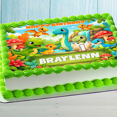 Dinosaur Birthday Cake Topper with name Braylenn and number 1, colorful jungle theme on rectangular cake