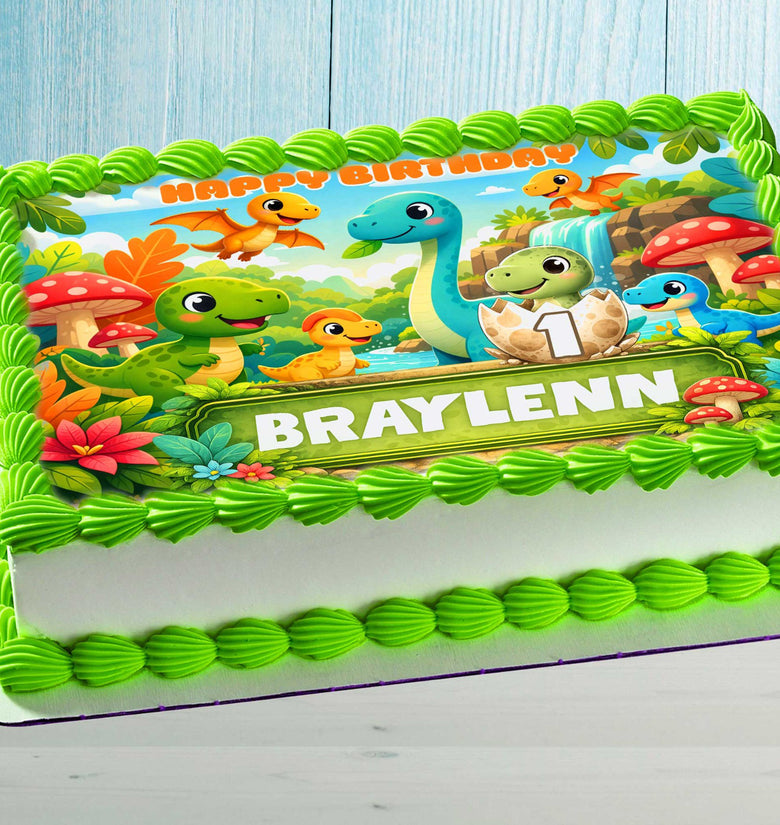 Dinosaur Birthday Cake Topper with name Braylenn and number 1, colorful jungle theme on rectangular cake