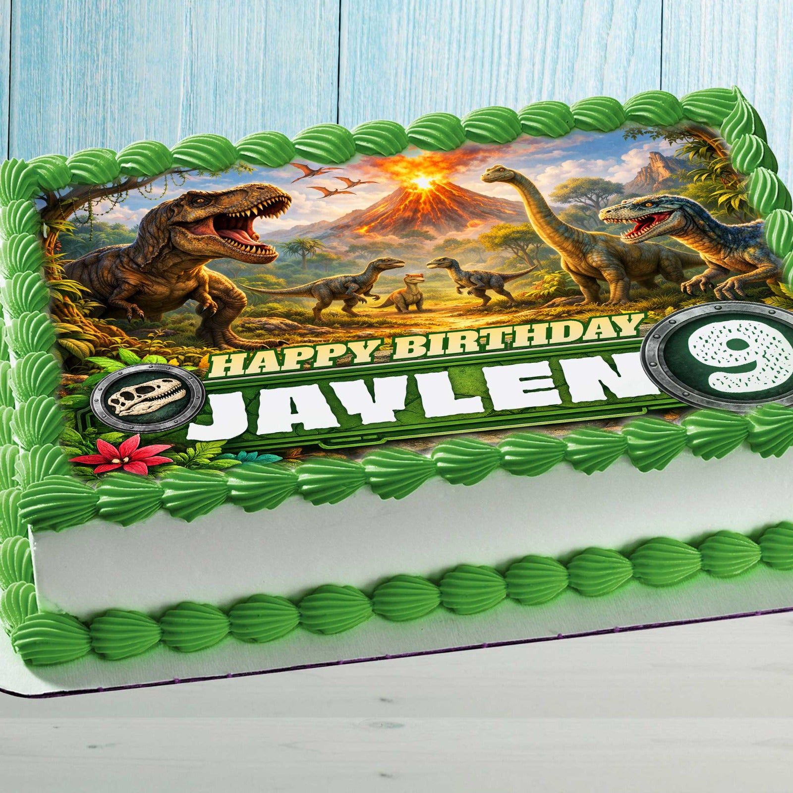 dinosaur birthday edible cake topper rectangular design