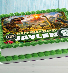 Personalized Dinosaur Birthday Cake Topper with Name and Age, edible image on rectangular cake, realistic T-Rex and volcano design for kids party