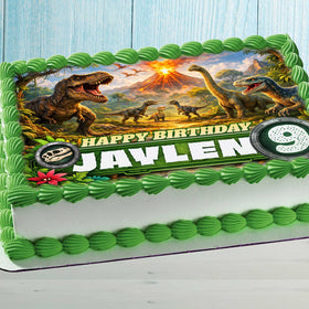 Personalized Dinosaur Birthday Cake Topper with Name and Age, edible image on rectangular cake, realistic T-Rex and volcano design for kids party