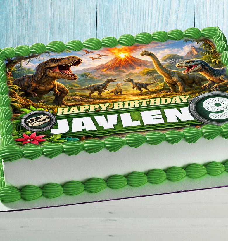 Personalized Dinosaur Birthday Cake Topper with Name and Age, edible image on rectangular cake, realistic T-Rex and volcano design for kids party