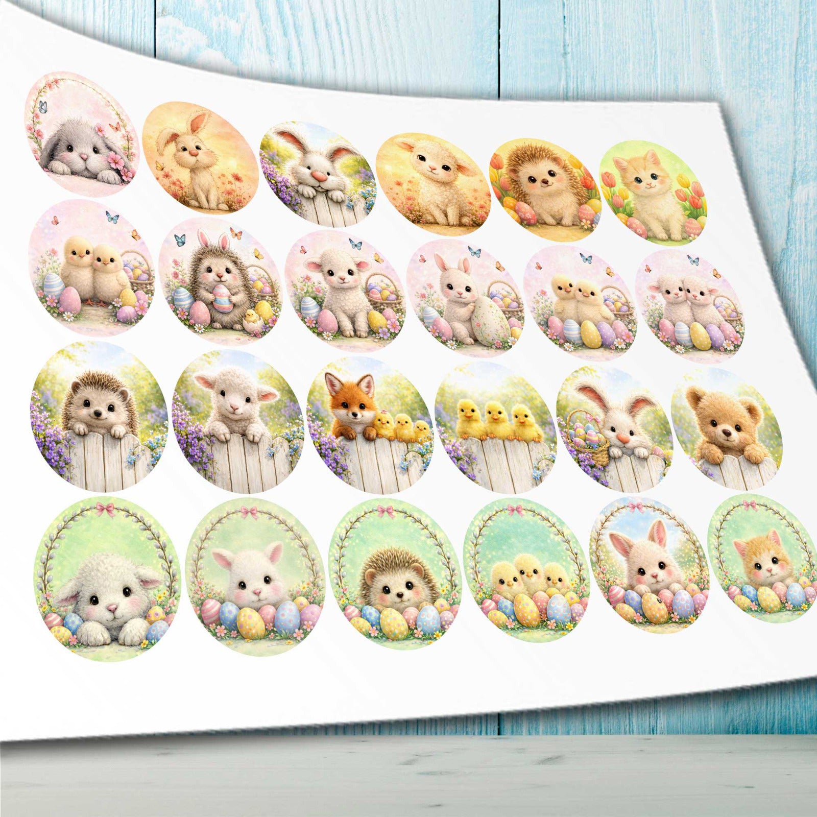 Easter edible cupcake topper print sheet showing 24 precut bunny and chick circle image layout