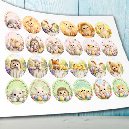 Easter edible cupcake topper print sheet showing 24 precut bunny and chick circle image layout