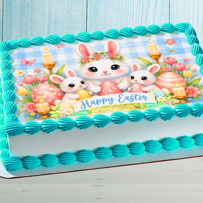 Easter Edible Cake Topper – Bunny Family Happy Easter Image