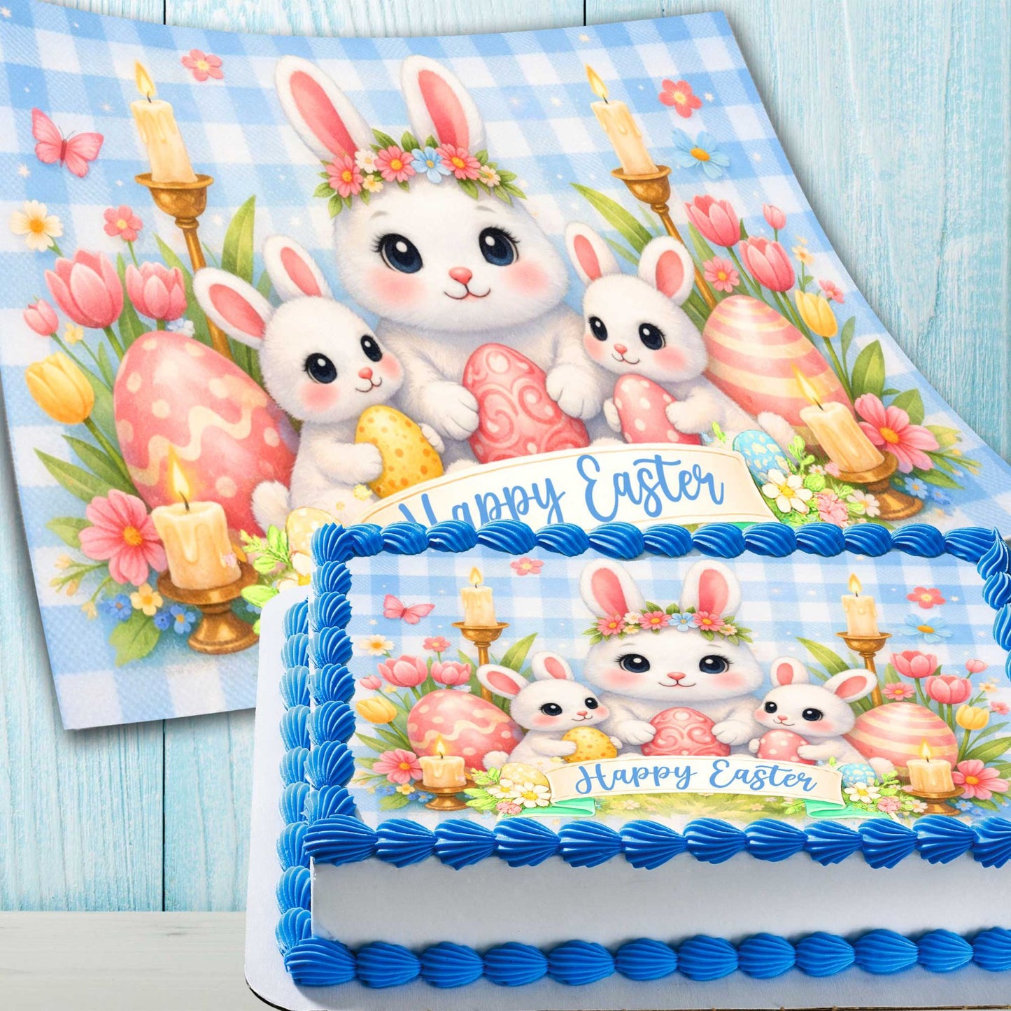 Easter Edible Cake Topper – Bunny Family Happy Easter Image