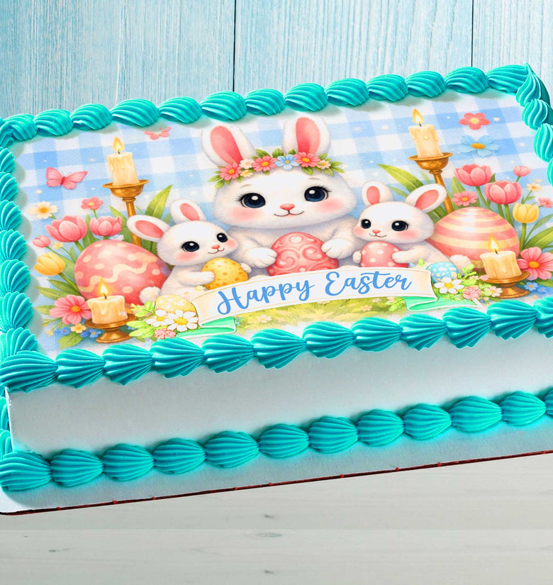 Easter Edible Cake Topper – Bunny Family Happy Easter Image