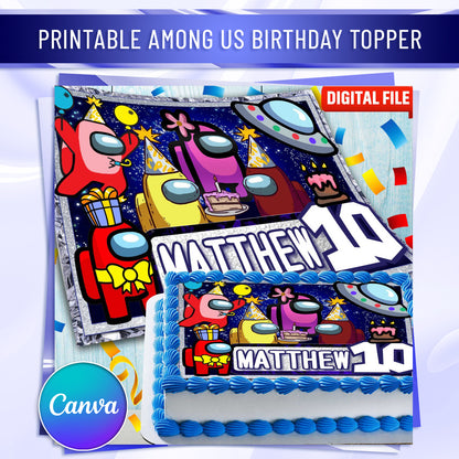 Among Us Birthday Themed Edible Cake Topper - Rectangular Design - Wafer Paper, Sugar Sheet, Chocotransfer