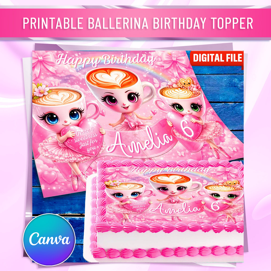 Printable ballerina birthday cake topper with coffee cup characters and pink ballet theme, editable Canva template