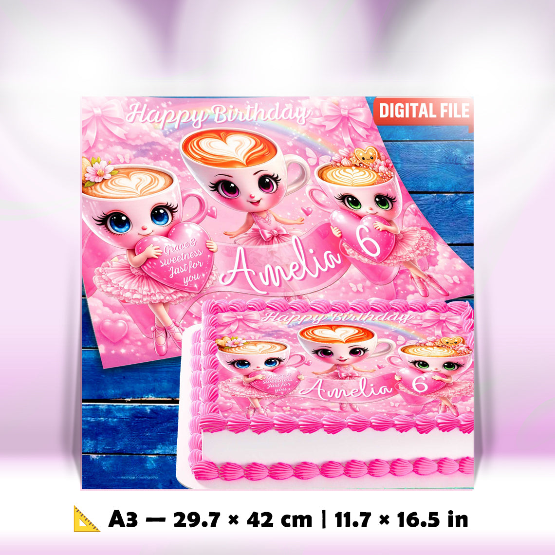 A3 printable ballerina cake topper design with coffee cup characters, pink birthday theme, digital download template