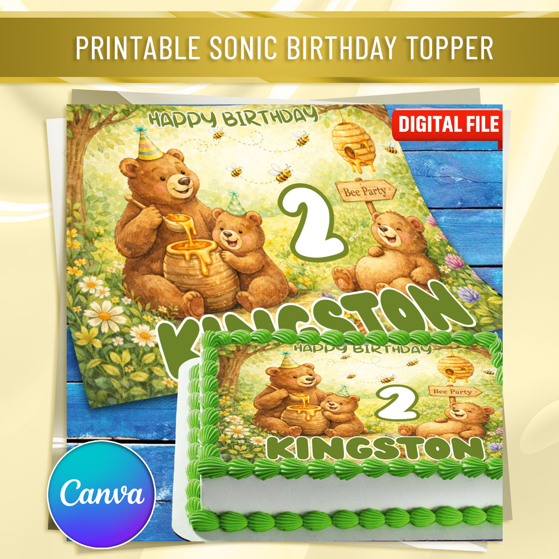 Editable Canva Bear cake topper template preview (A3 printable format)