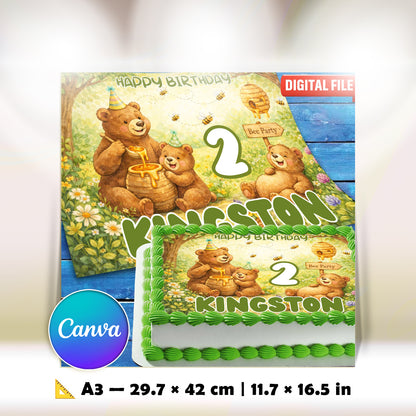 A3 printable Bear Bee Party birthday cake topper template – 29.7 x 42 cm digital download