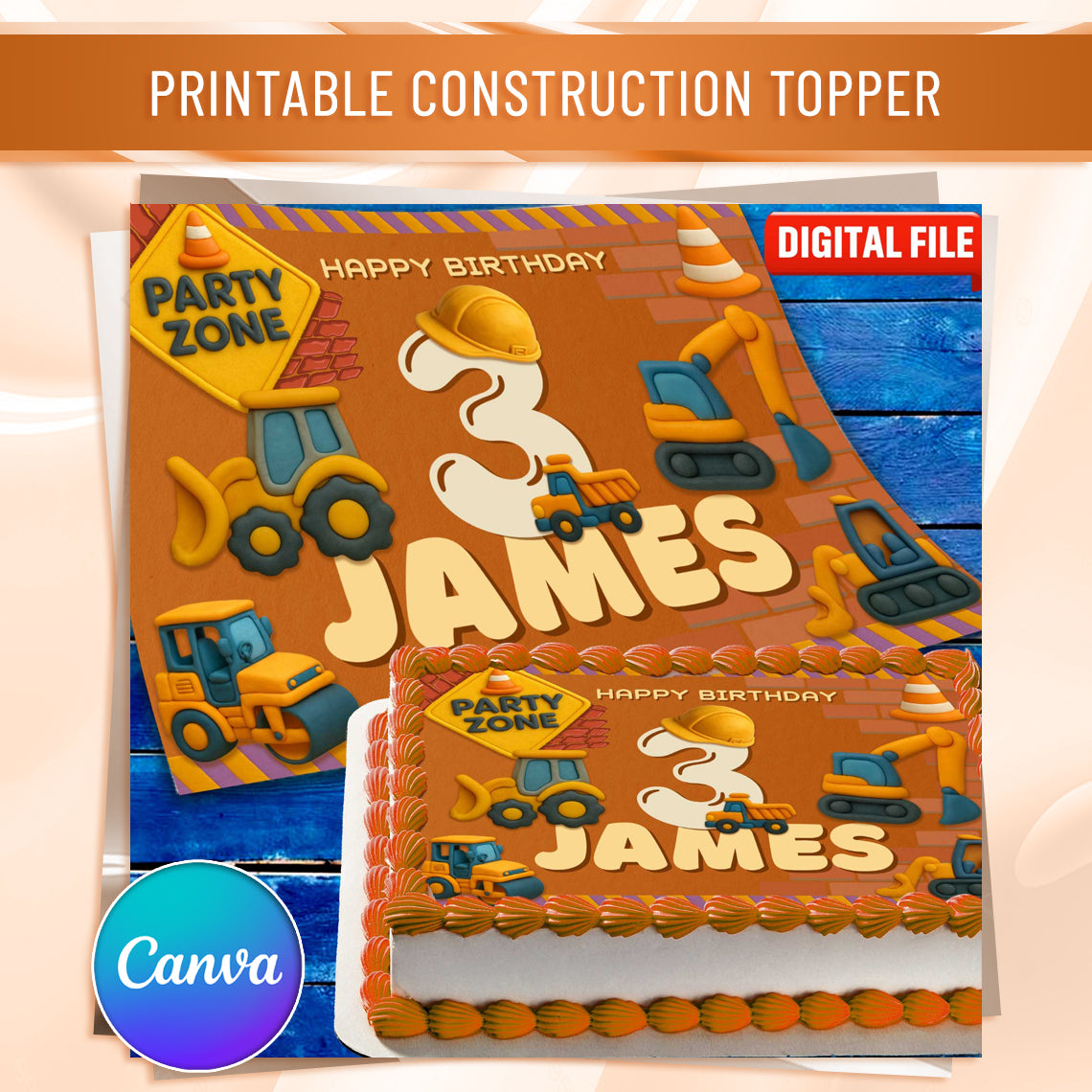 Construction themed edible cake topper for kids birthday party decoration
